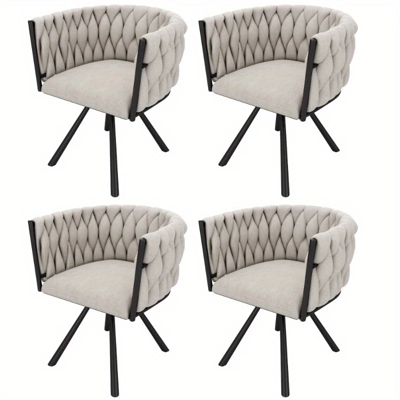 Eetkamerstoel – Bureaustoel – Draaifauteuil – Stoelenset – Linnen Bekleding – Licht Beige – Zwarte Metalen Poten – Draaibaar – Compact Formaat