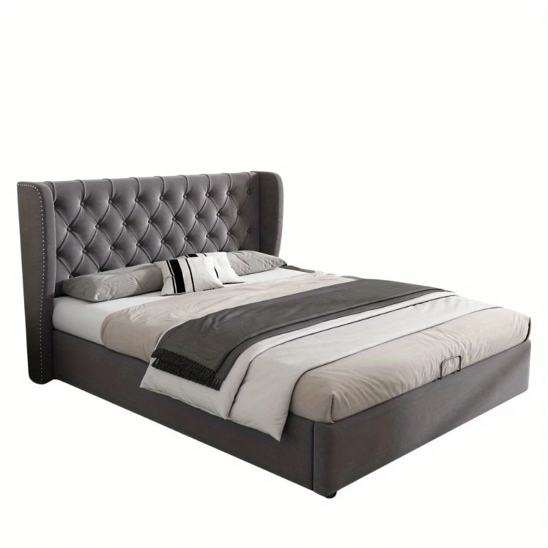Bedbank – Slaapbank – Bedframe – Opbergbed – Logeerbed – Hydraulisch Opbergbed – Lattenbodem – 140x190 cm – Modern Grijs