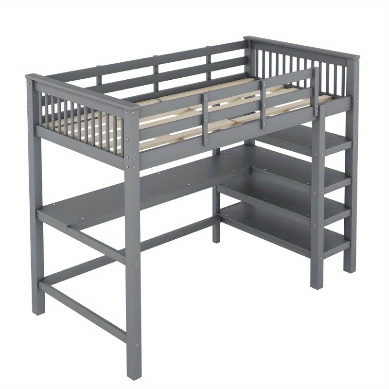 Hoogslaper – Loftbed – Stapelbed – Kinderbed – Eenpersoonsbed – Met Bureau en Opbergrekken – Metalen Stijlvol Frame – Ruimtebesparend Design – Grijs – Stevig en Duurzaam