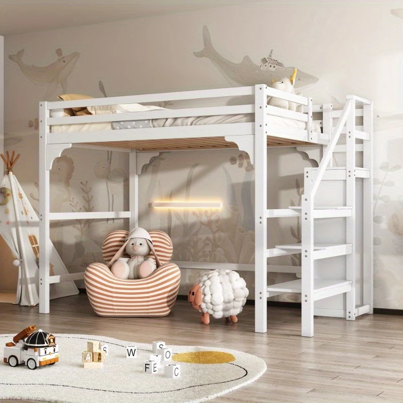 Hoogslaper – High Bed – Stapelbed – Kinderbed – Jeugdbed – 140x200 cm – Wit – Met Lattenbodem en Opbergruimte