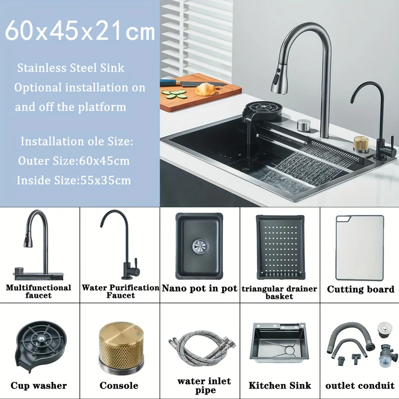 Inbouw Spoelbak Keuken – Spoelbak Werkstation – Keukenspoelbak RVS – Enkele Kom Spoelbak – Multifunctionele Spoelbak – Roestvrij Staal – Inclusief Kraan En Zeeppomp – Grijs