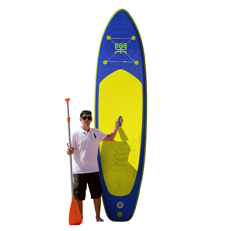 Supboard – Paddleboard – Stand Up Paddle – SUP Plank – Inflatable SUP – Extra Groot 350x87x15 cm – Draagkracht 190+ kg – Complete Set Met Pomp – Duurzaam PVC – Blauw Geel