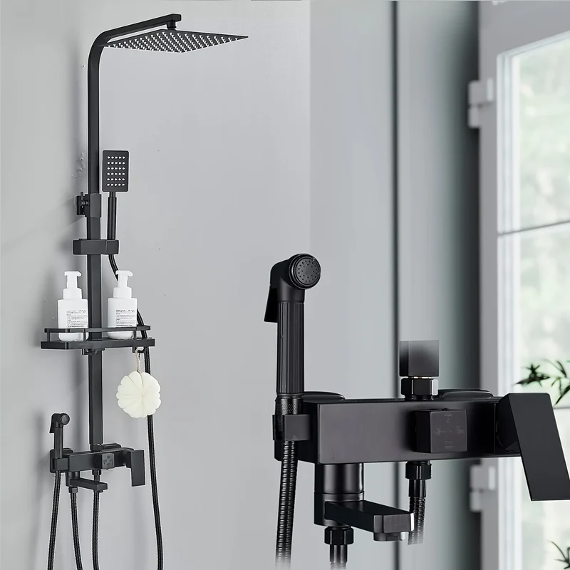 Matzwarte Doucheset – Douchepakket – Regendouche – Handdouche – Badkraan – 30,48 cm Vierkant – Messing – Dual-Function – Wandmontage – Verstelbare Plank – Geen Elektriciteit Nodig