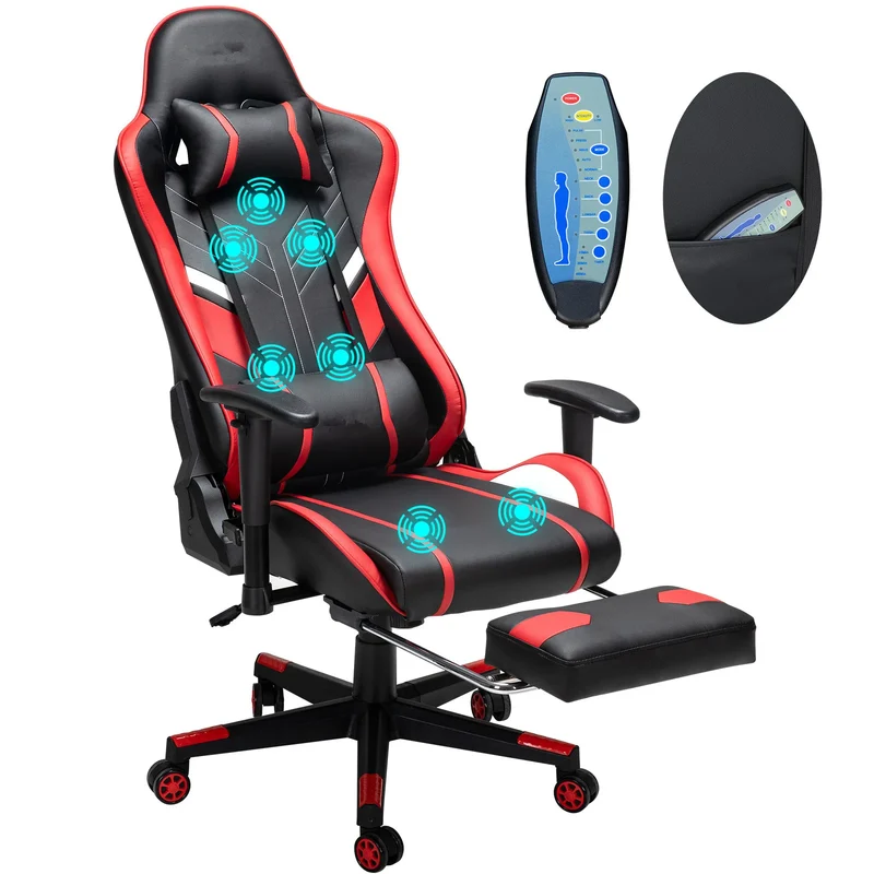 Gamingstoel – Bureaustoel – Gamedstoel – Computestoel – Massagestoel – Verstelbaar Tot 175° – PU-Leer Met Massagefunctie - Zwrat-Rood