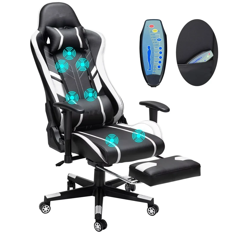 Gamingstoel – Bureaustoel – Gamestoel – Massagestoel – Ergonomische Stoel – Massagefunctie Nek & Rug – Verstelbaar 175° Kantelbaar - Zwart-Wit