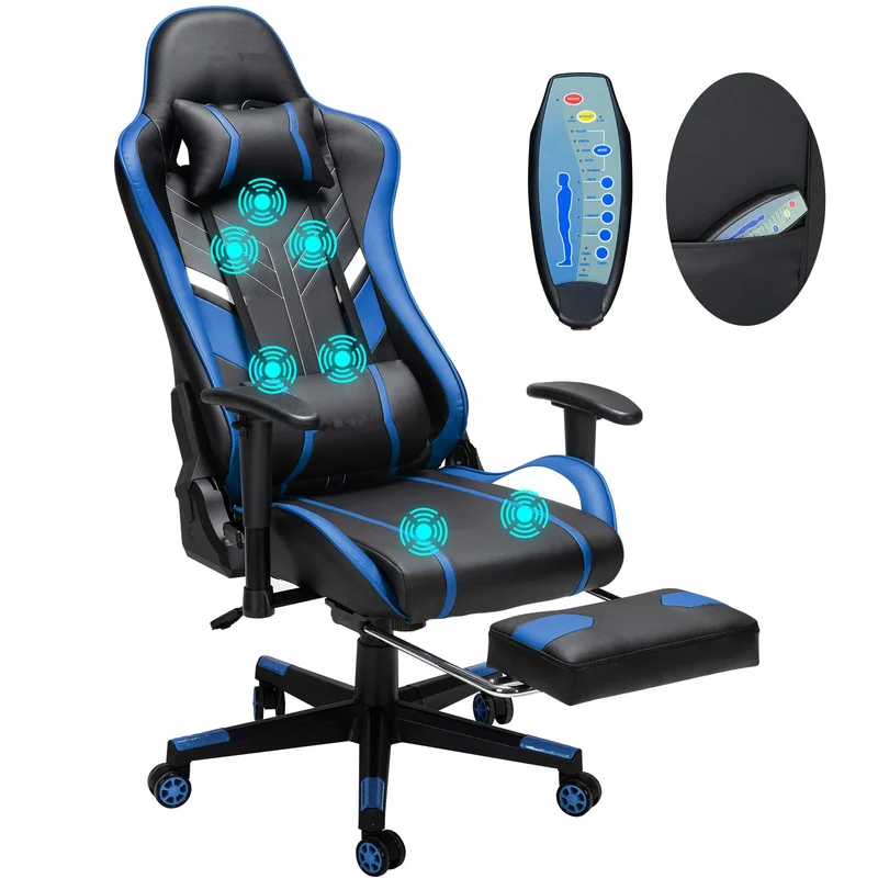 Gamingstoel – Bureaustoel – Massagestoel – Relaxstoel – Ergonomische Stoel – Massagefunctie Nek & Rug – Verstelbaar tot 175° - Zwart-Blauw