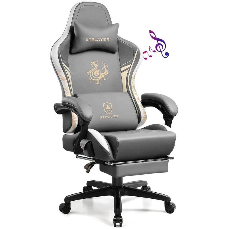 Gamingstoel – Bureaustoel – Gamestoel – Office Chair – Bureaustoel Gaming – Bluetooth Speakers – Ergonomisch Met Voetensteun – Kunstleer Grijs