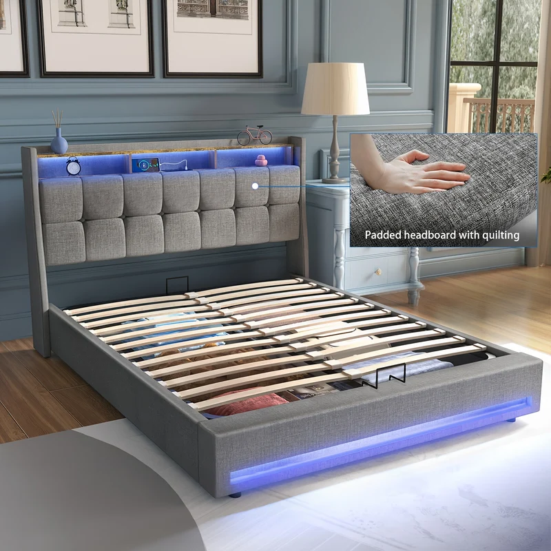 Bedframe met Opbergruimte – Tweepersoonsbed – Gestoffeerd Bed – Opbergbed – Ruimtebesparend Bed – 160x200 cm – Linnen Bekleding – Hydraulisch Hefmechanisme
