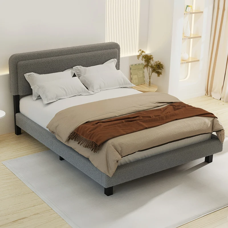 Bedframe – Tweepersoonsbed – Platformbed – Ledikant – Slaapbank – Gestoffeerd Hoofdbord – 160x200 cm – Stevige Houten Lattenbodem