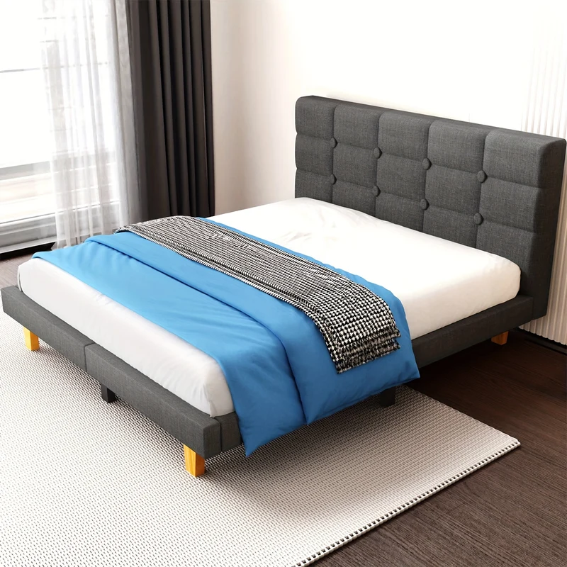Tweepersoons Bedframe – Bedframe Met Hoofdbord – Gestoffeerd Bed – Platformbed – Slaapkamer Bed – 120x200 cm – Stevig Houten Lattenbodem – Geen Boxspring Nodig