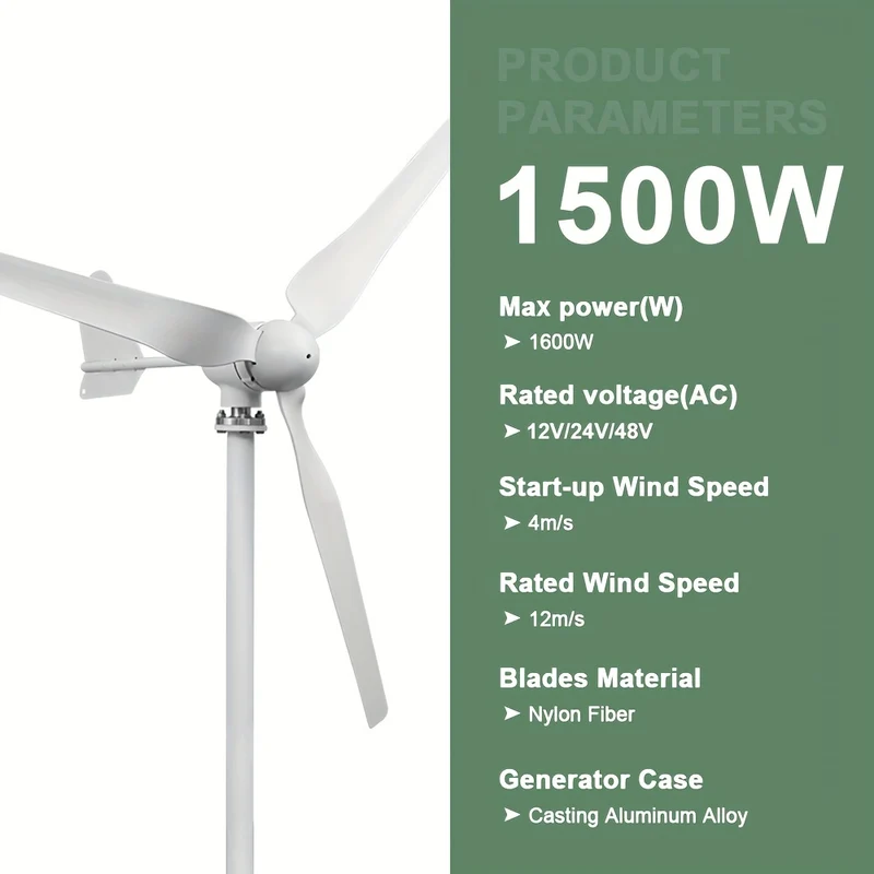 Windmolen Generator – Windturbine – Windenergie Generator – Aerogenerator – Stroomgenerator – 1500W Vermogen – MPPT Controller – Laag Geluidsniveau – Robuuste Metalen Behuizing