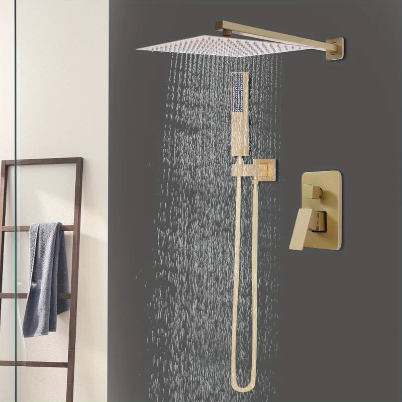 Gouden Douche Systeem – Douche Set – Regendouche – Handdouche – Thermostaatkraan – Thermostatische Temperatuurregeling 0-75°C – Messing Geborstelde Afwerking – Muurmontage Met Universele G½" Aansluiting