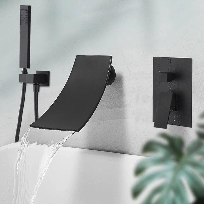 Zwarte Waterval Wandkraan – Badkraan – Douchekraan – Handdouche – Wandmengkraan – Enkele Hendel – Brushed Metal Afwerking – Koperen Klep