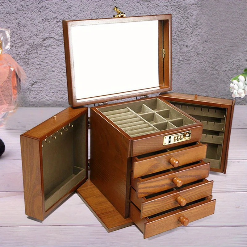 Goodslinesshop WooDerson 5-Tier Brown Wooden Jewelry Box with Password Lock & Carvings Design - 4-Drawer Large Capacity Jewelry Organizer with Mirror, Soft Lining & Golden-Toned Hardware, Elegant Desktop Storage for Earrings,