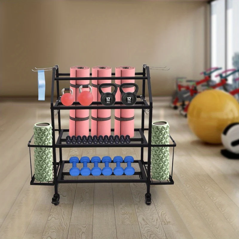 Goodslinesshop Ciounmb Gym Storage Rack Dumbbell Rack Multifunctional Dumbbell Stand Yoga Mat Shelf for Kettlebell, Dumbbells, Yoga Block, with Hooks and Lockable Wheels, Load Capacity 136kg [High-Quality Shop Now!], Fitness