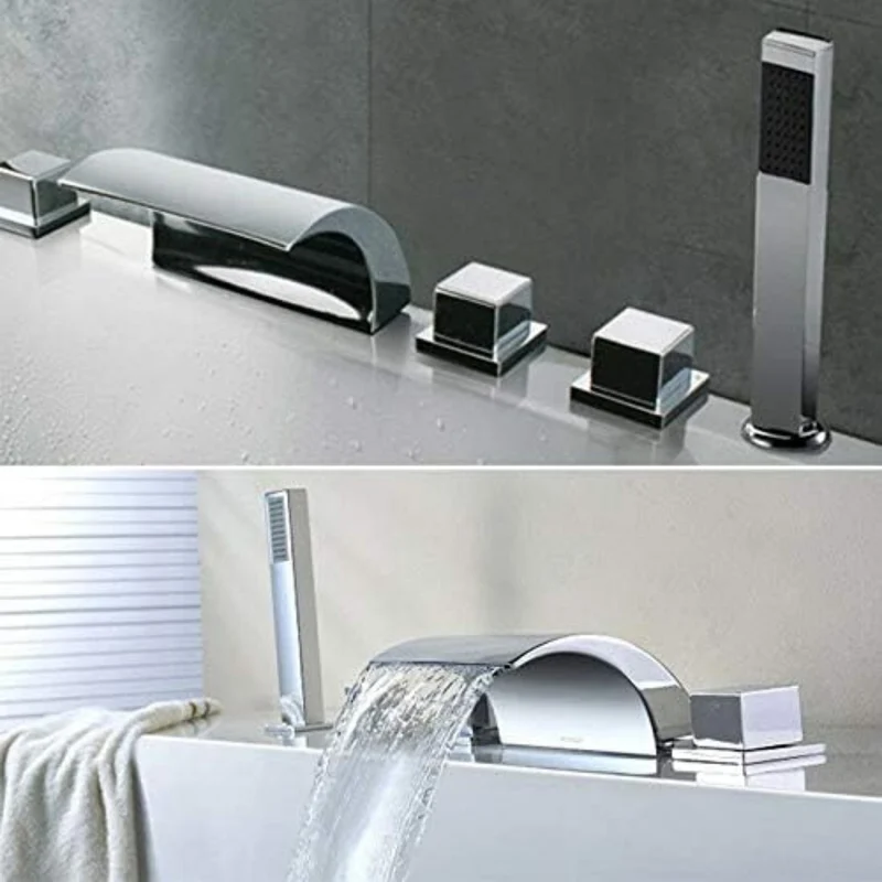 Quiltern Modern Waterfall Bath Faucet - Edge Mount 5-Hole Installation for 1/2" Hose, Brass & Chrome Bathroom Sink/Fixture with Spiral Drain & Valve