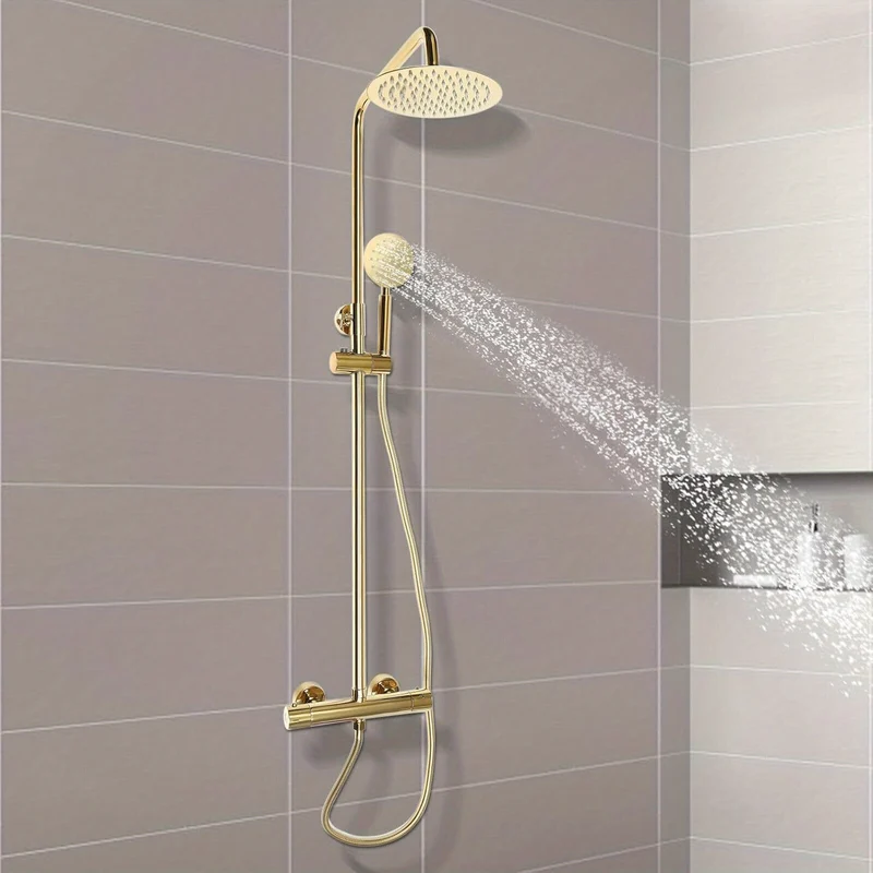 Goodslinesshop LUNICASHA Luxury Modern Golden Shower System with Thermostat - 3-in-1 Shower Set with Rain Shower Head & Hand Shower, Height Adjustable 70-110cm, 304 & Brass Construction, Wall-Mounted Bath System with Thermost