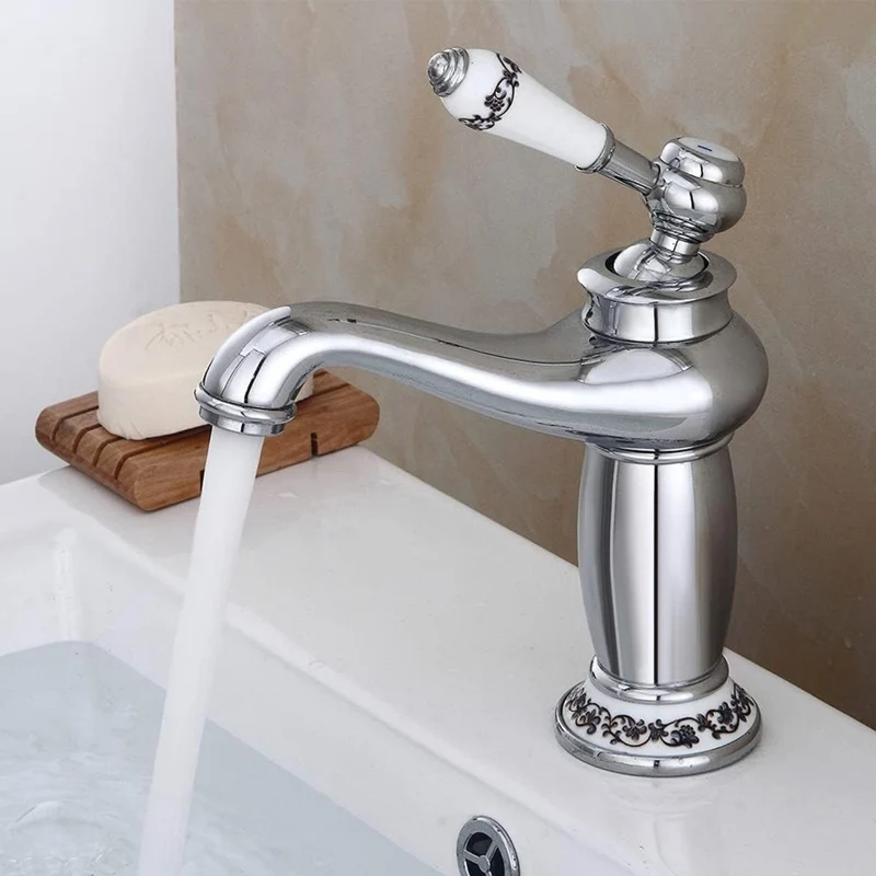 Goodslinesshop Retro Nostalgia Basin Antique Brass Mixer Tap Vintage Porcelain Basin Mixer Tap Nostalgia Single Lever Mixer Tap for Bathroom Silver