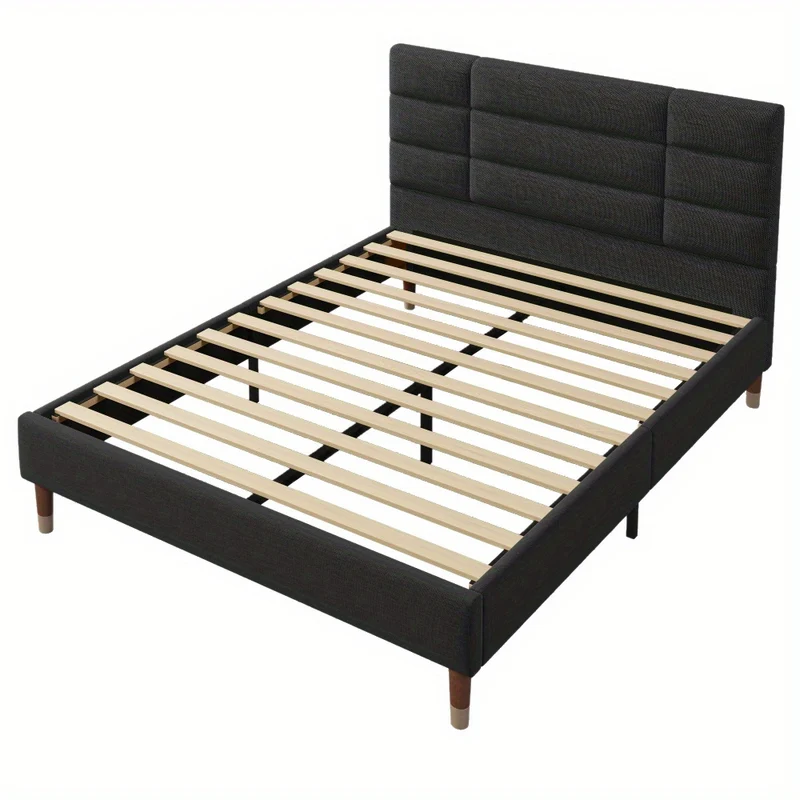 Bedframe – Houten Bed – Eenpersoonsbed – Opbergbed – Slaapbank – Modern Design – 140x200 cm – Massief Hardhout & Linnen – Geen Elektriciteit – Ruimtebesparend – Zwart
