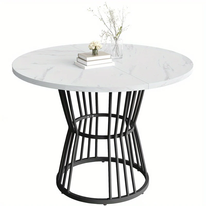Ronde Eettafel – Eettafel Rond – Keukentafel – Ontbijttafel – Tafel Metaal – Marmerlook Zwart-Wit – Krasbestendig MDF Blad – Stevig Metalen Frame – Compact & Ruimtebesparend – Modern Design Voor 4 Personen
