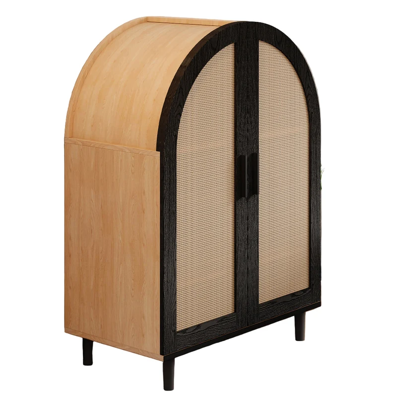 Dressoir – Opbergkast – Ladekast – Buffetkast – Kast – Modern Design – Opengewerkte Rotan Deuren en 3 Planken – Donkerbruin/Zwart MDF Met Hardhouten Frame
