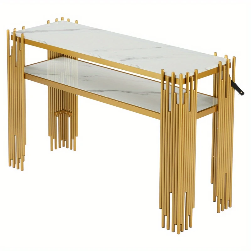 Sidetable – Consoletafel – Wandtafel – Haltafel – Bijzettafel – Mid-Century Modern – Wit MDF Met Gouden Poten – 128x44x80 cm – Draagvermogen 40kg
