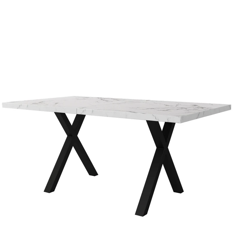 Uitbreekbare Eettafel – Uitklapbare Tafel – Verlengbare Tafel – Woonkamer Tafel – Keuken Tafel – Marmerlook Blad – Zwarte Metalen Poten – 140x80x76 cm – Wit MDF