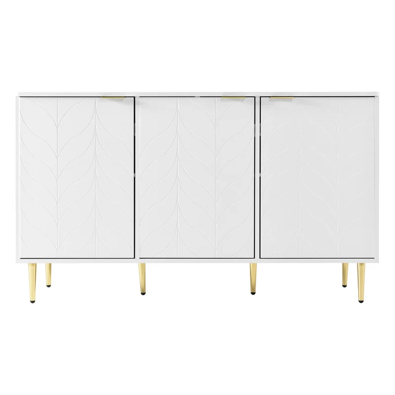 Dressoir – Ladekast – Opbergkast – Buffetkast – Kast – Modern Design – 127x45x75 cm – MDF Hout – Goudkleurige Accenten – Witte Afwerking – 6 Compartimenten – Afgeronde Hoeken