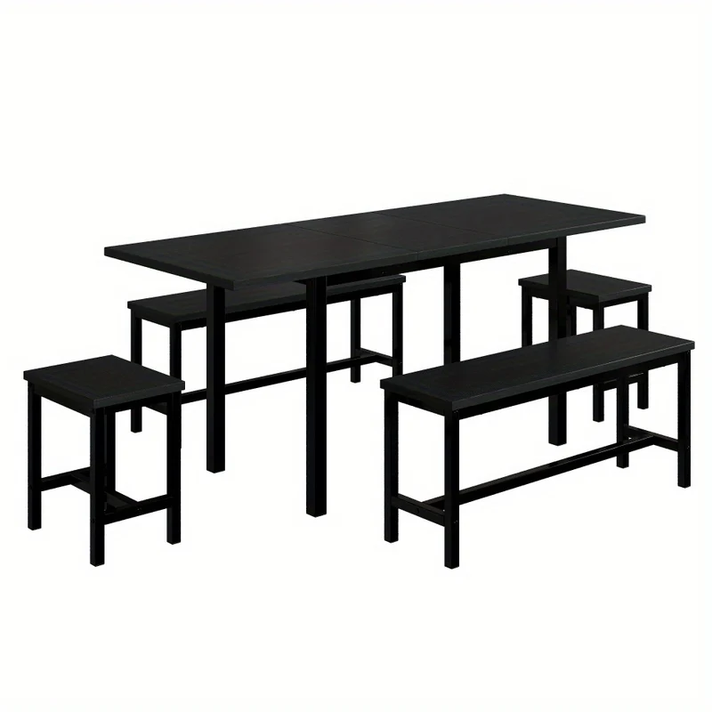 Eettafel Set – Eetkamerset – Keukentafel Set – Zitgroep – Uitschuifbare Tafel – 160x70x75 cm – Inklapbaar – Zwart – Stevig Metalen Frame – Ruimtebesparend Modern Design