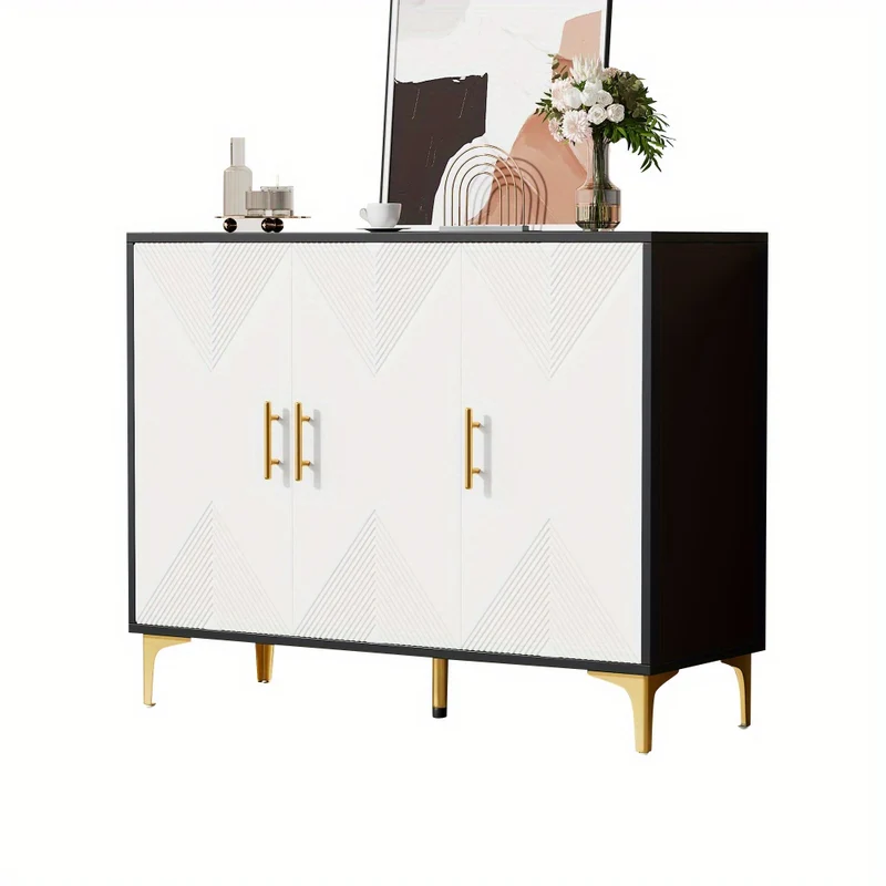 Dressoir – Opbergkast – Ladekast – Buffetkast – Sideboard – Mat Wit Gestreept – Gouden Handgrepen – Hardhout & Spaanplaat – Ruime Opbergruimte – Bohemian Design