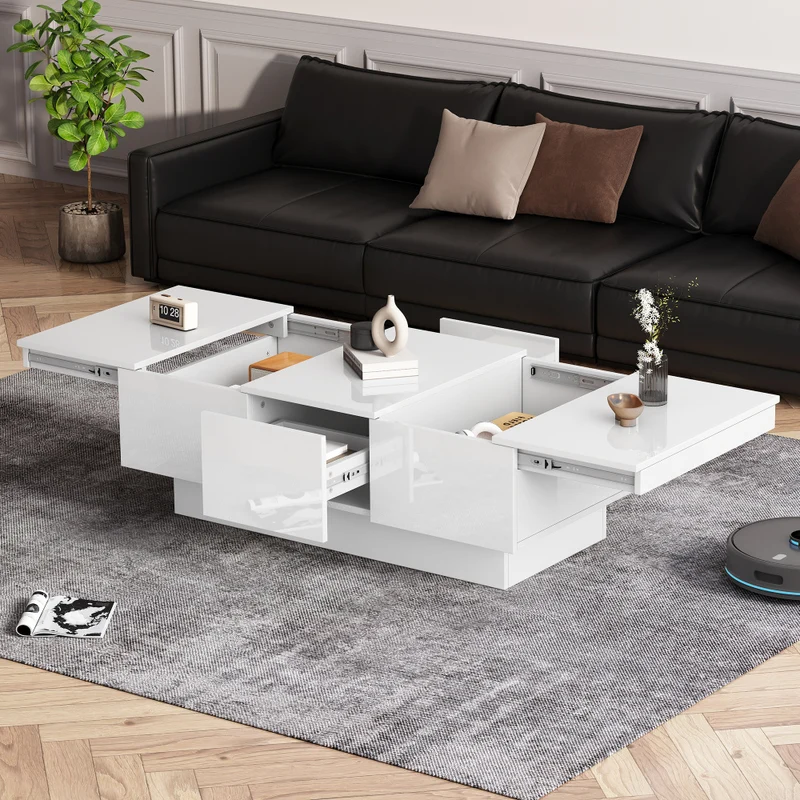 Salontafel – Koffietafel – Witte Tafel – Salontafels – Dressoir – Hoogglans Wit – Schuifbaar Tafelblad – Met 2 Lades en Verborgen Opbergruimte – 100x55x35 cm