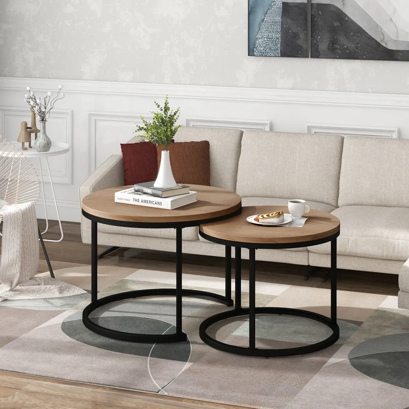 Salontafel – Bijzettafel – Koffietafel – Tafeltje – Woonkamertafel – Set van 2 – Nestbaar – MDF Blad – Metaal Frame – Rond – Bruin – Ruimtebesparend – Modern Design