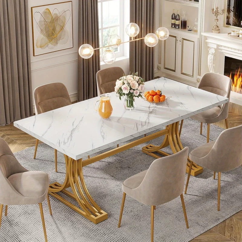 Eettafel – Tafel – Keukentafel – Dinertafel – Eetkamertafel – Rechthoekig – Wit met Gouden Accenten – Met Metalen Trestle Poten – 63 Inch voor 4-6 Personen