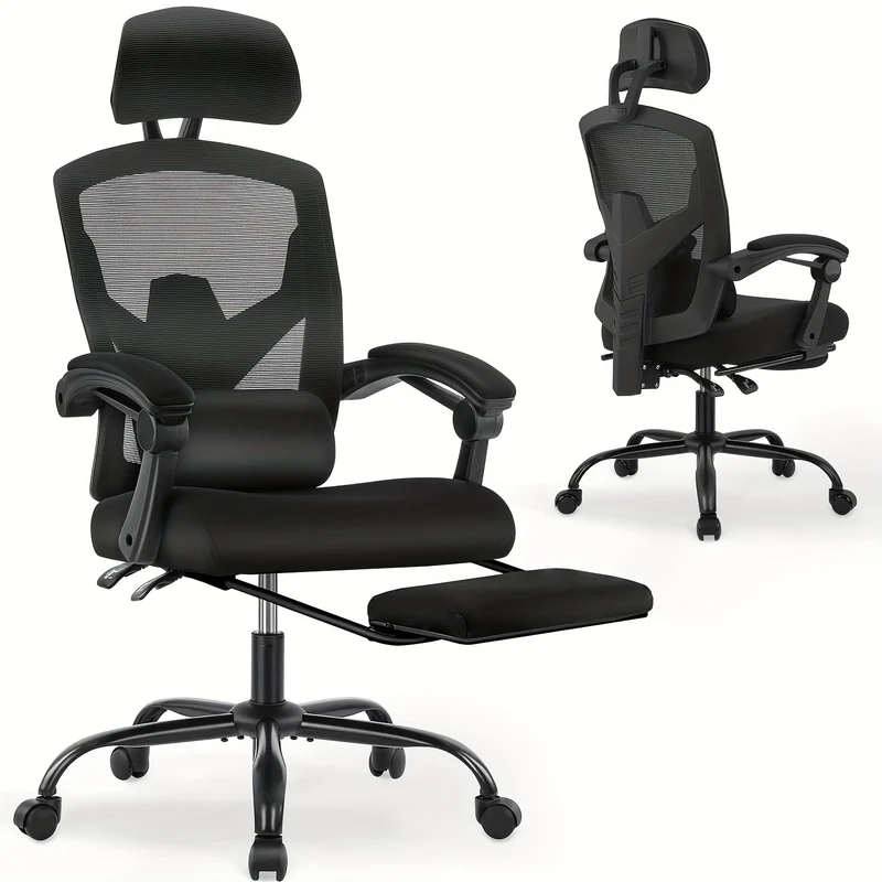 Bureaustoel – Kantoorstoel – Gamingstoel – Draaistoel – Ergonomische Stoel – Verstelbare Lendensteun – Ingebouwde Voetensteun – Zwart – Memory Foam & Metalen Frame
