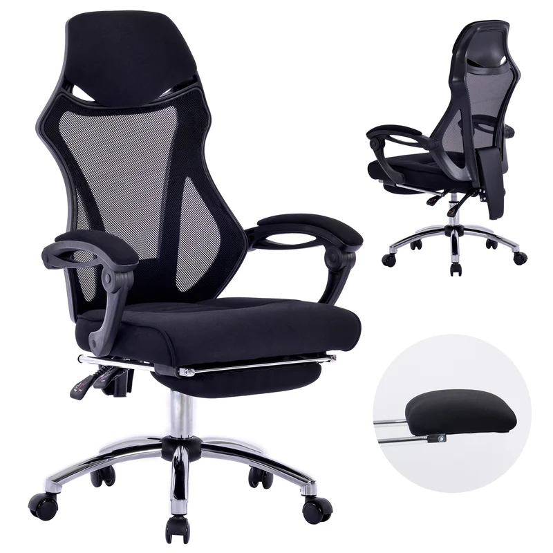 Ergonomische Bureaustoel – Kantoorstoel – Bureaustoel Met Voetensteun – Werkstoel – Verstelbare Stoel – Ademend Mesh Rugleuning – Met Voetensteun – Zwart – Max 150 kg Draagkracht