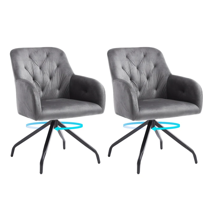 Draaibare Eetkamerstoelen – Eetkamerstoel – Stoel – Armstoel – Bureaustoel – Velvet Bekleding – Memory Foam Zitting – Grijs – Metalen Onderstel