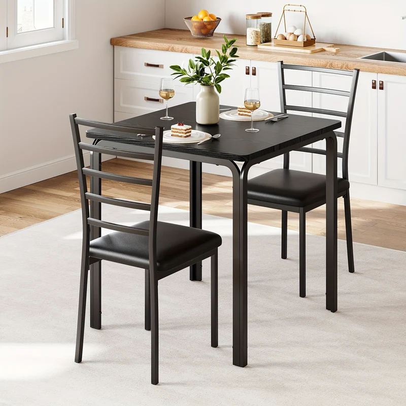 Compact Eettafelset – 2-Persoons Tafelset – Kleine Eettafel – Keukentafel – Ontbijttafel – Matzwart – Ruimtebesparend – Krasbestendig MDF & Stevig Metalen Frame