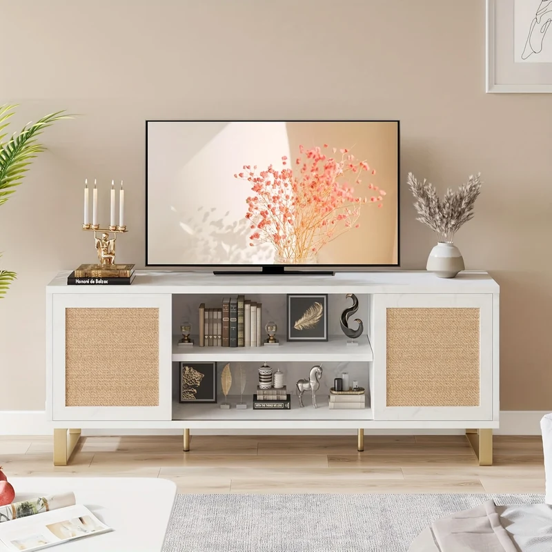 TV-meubel – Tv Kast – Mediameubel – Tv Meubel – Tv Dressoir – Wit Rattan Accent – Geschikt Voor 65 Inch TV – Verstelbare Planken – Duurzame MDF Constructie