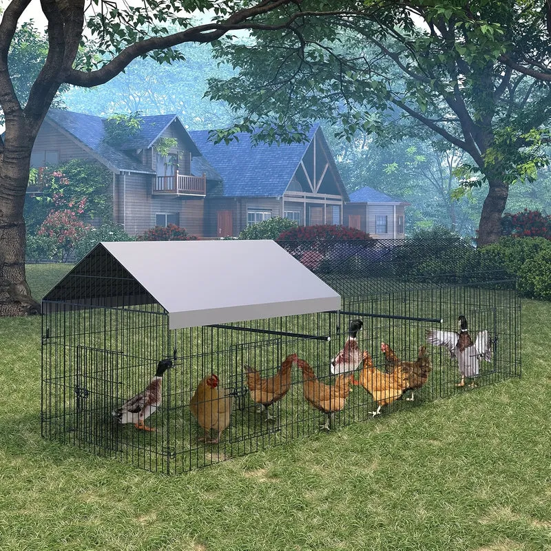 Kippenren – Buitenren – Kippenhok – Pluimveebak – Dierenren – 330x102x102 cm – Stevig Metaal – Weerbestendige Halfopen Overkapping