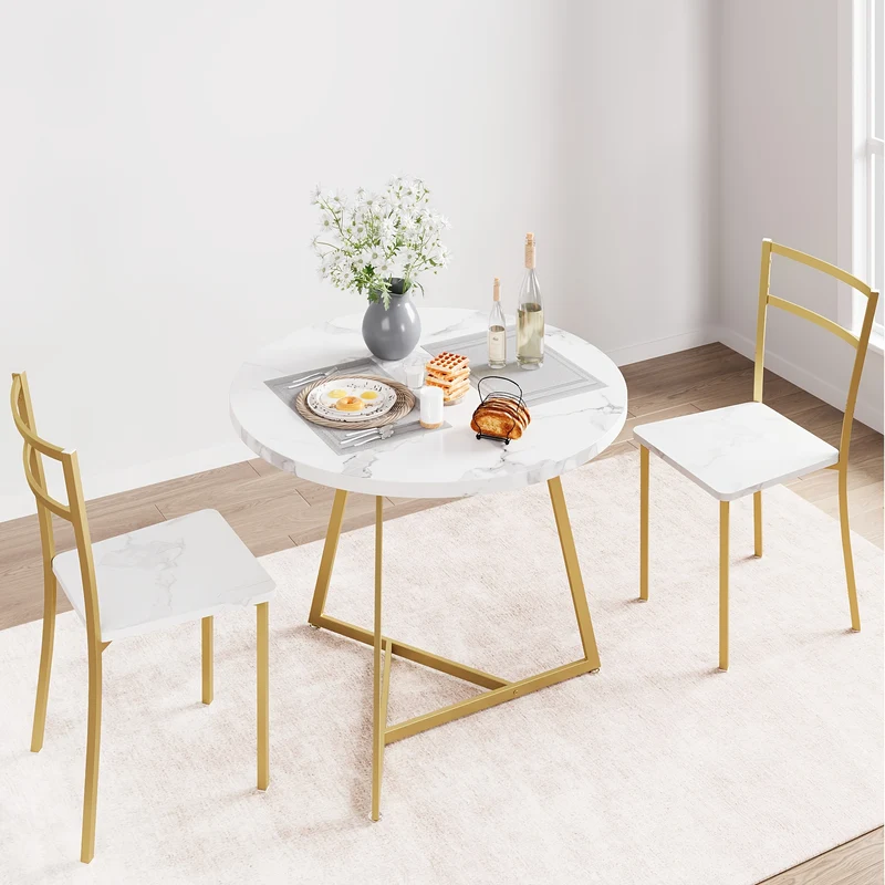 Eettafel Set – Eethoek – Keukentafel Set – Zitgroep – Eetkamer Set – Ronde Tafel 80 cm – MDF Marmerlook Met Gouden Metalen Frame – Compact & Duurzaam
