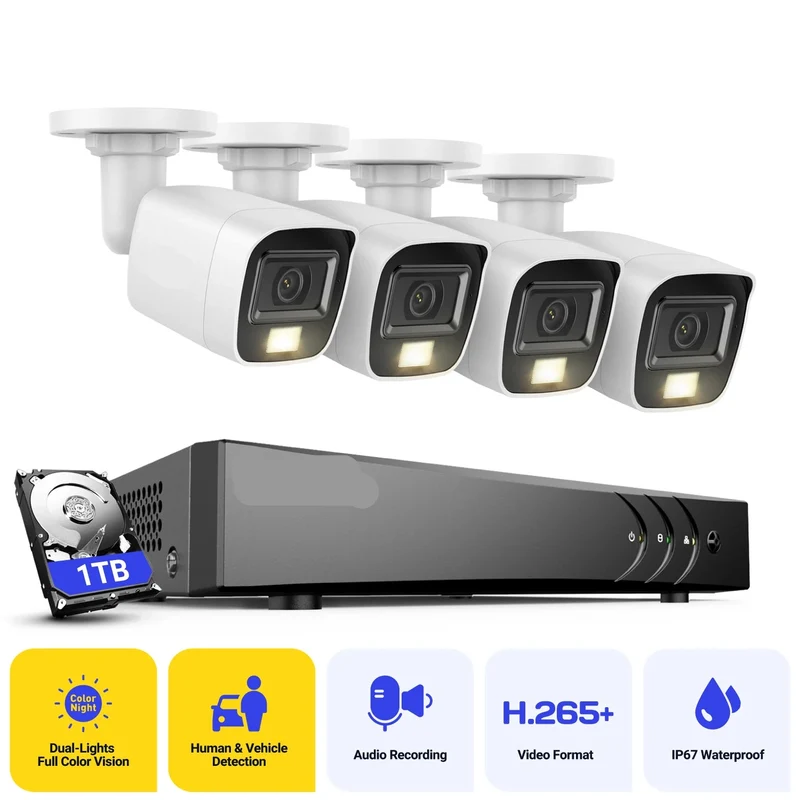 Beveiligingscamera's - Camerabewaking - CCTV Camerasysteem - Waterdichte - 5MP Resolutie - 8-Kanaals DVR & Dual-Light Technologie - Kleur Nachtzicht & Audio - 4 Stuks Camera’s - Zonder Geïntegreerde HDD