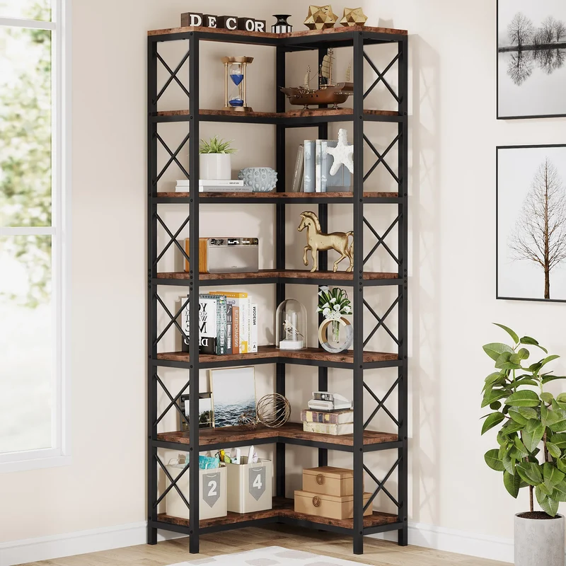 Hoekkast - Boekenkast - Hoekrek - Woonkamer - Slaapkamer - 78.74” - 7-Tier Hoog Ontwerp - L-vormige Ruimtebesparende Planken – Stevig Metalen Frame & MDF - Bruin
