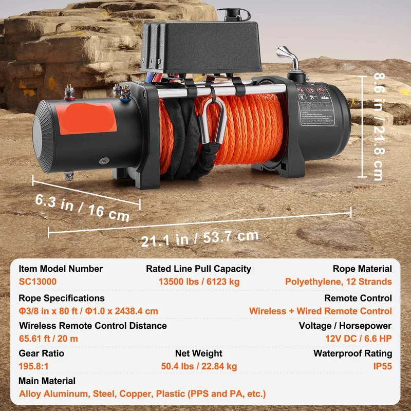 Elektrische Lier - Takel - Winch - Touwtakel - 13500lbs Trekkracht – 3/8in 80ft Synthetisch Touw – Draadloze Bediening – IP55 Waterdicht – Afstandbediening - Geschikt voor Off-Road, SUV & Jeep