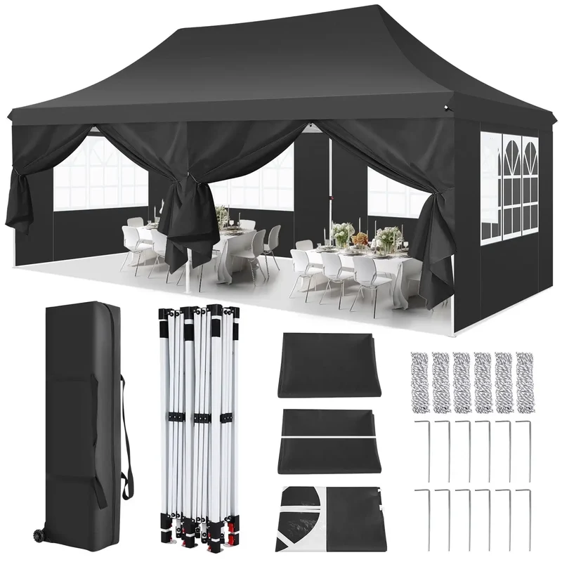 Partytent - Tent - Paviljoen - Partytenten - 3x6m - Waterdicht Party Tent - Opvouwbare - UV 50+ Bescherming – Hoogte Verstelbaar – Inclusief Zijpanelen & Zandzakken - Zwart