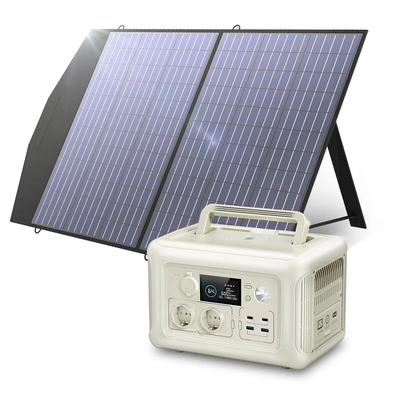 Draagbare Powerstation - Powerbank - Stroomgenerator - Generator - 600W Vermogen – met 100W Zonnepaneel - Generatoren - LiFePO4 Batterij – UPS & MPPT Technologie – Geschikt voor Outdoor & Noodstroomvoorziening