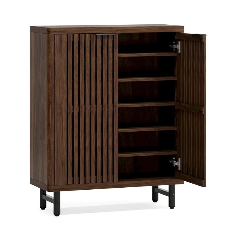 Schoenenkast – Houten Schoenenkast – Schoenen Opberger – Schoenenrek – Ventilerende Lamellendeuren – Verstelbare Planken – MDF Metalen Poten - 85 x 35 x 110 cm - Donkere Walnoot