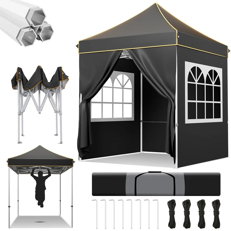 Partytent – Pop-Up Luifel – Zonnescherm – Overkapping – Tuinpaviljoen – Waterdicht Oxford Doek – Verstelbare Hoogte - 2 x 2 Meter - Zwart