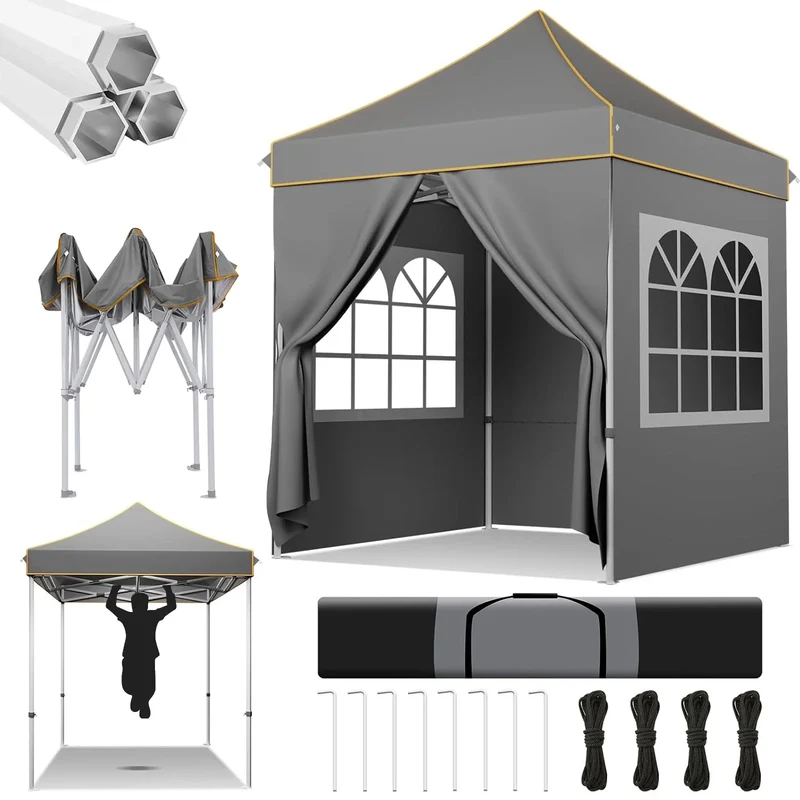 Partytent – Pop-Up Luifel – Zonnescherm – Overkapping – Tuinpaviljoen – Waterdicht Oxford Doek – Verstelbare Hoogte - 2 x 2 Meter - Grijs