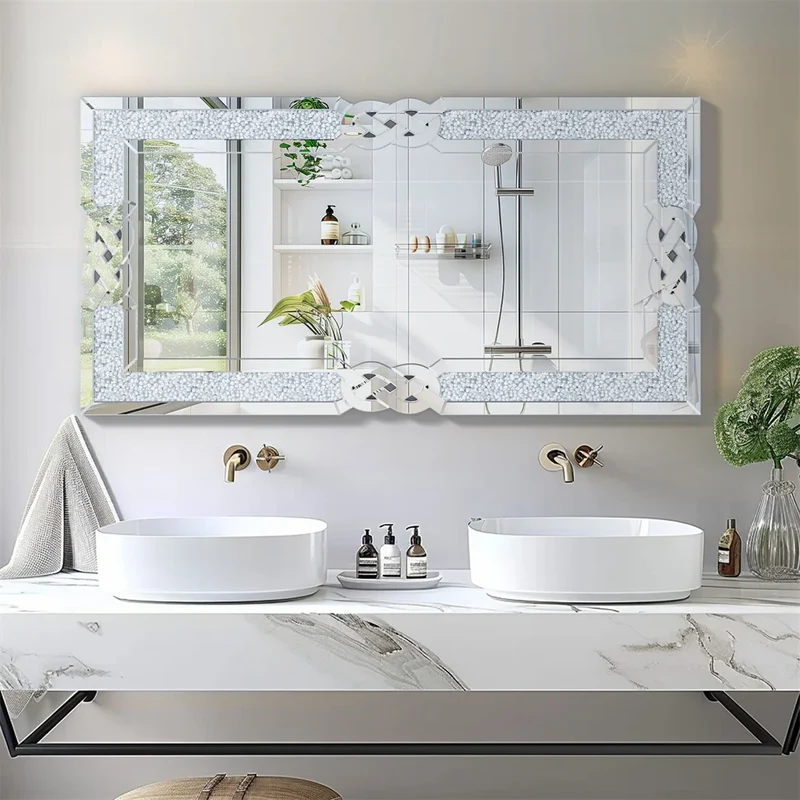 Wandspiegel – Muurspiegel – Rechthoekige Spiegel – Grote Spiegel – Crushed Diamond Inlay – Zilverglas Reflectie – Flexibele Ophanging - 90x60cm