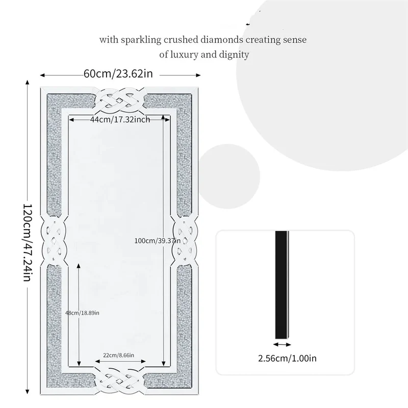 Wandspiegel – Muurspiegel – Rechthoekige Spiegel – Grote Spiegel – Crushed Diamond Inlay – Zilverglas Reflectie – Flexibele Ophanging - 120x60cm